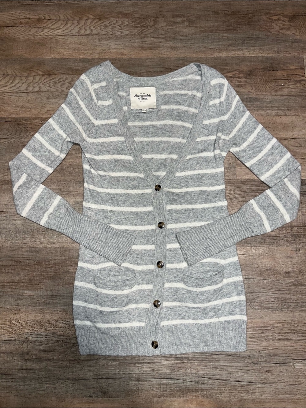 Abercrombie & Fitch Y2K Style Women's Gray Stripe Button-Front Cardigan Sweater